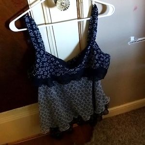 White blue ruffle sheer material tank top size 3x